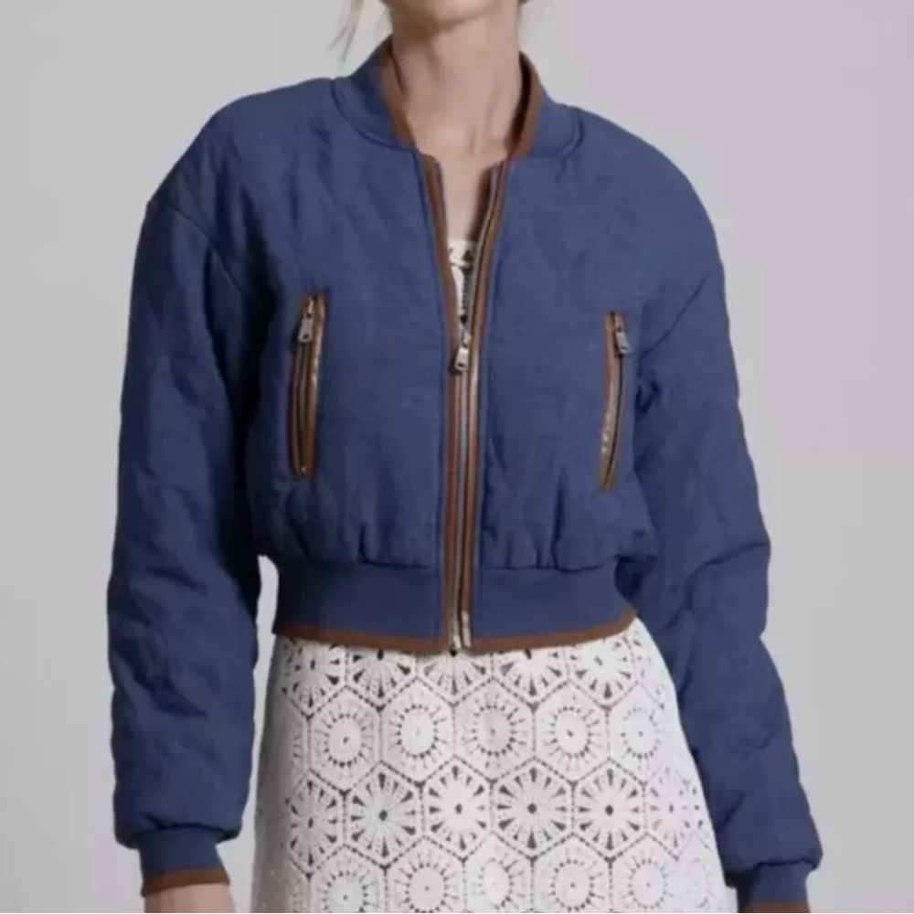 NWT 7 FOR ALL MANKIND Quilted Chambray Bomber Jacket Medium Wash Blue Si…
